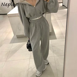 Neploe 2024 Autumn Simple Style Suits Hooded Long Sleeve Short Sweatshirts High Waist Lace up Versatile Wide Leg Casual Pants