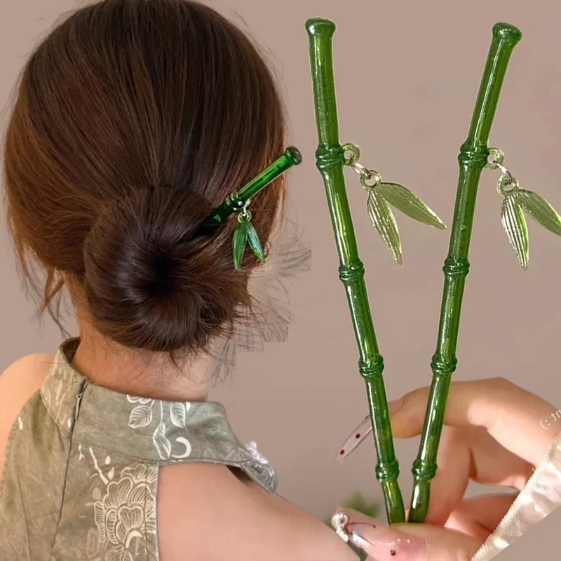 

Vintage Acrylic Chopstick Hairpin Hair Accessories 2025 New Chinese Style Green Resin Bamboo Leaf Hair Stick for Women Girls