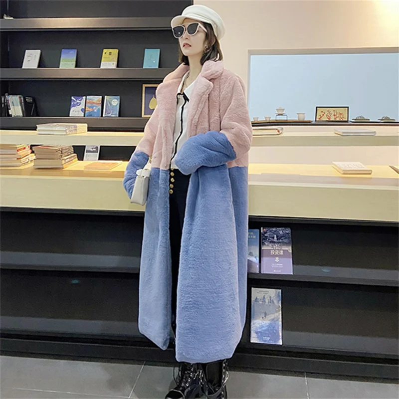 معطف نسائي من الفرو الصناعي شتوي سميك دافئ كبير الحجم ملابس خارجية فضفاضة 2025 لون فسيفساء معطف فرو شعر أرنب تقليد #1