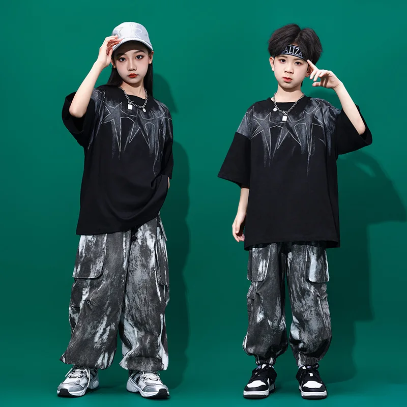 4-16 Years Old Summer Kids Black Short Sleeve T-Shirt Girls Hip Hop Loose Pants Boys Street Style Dance Clothes