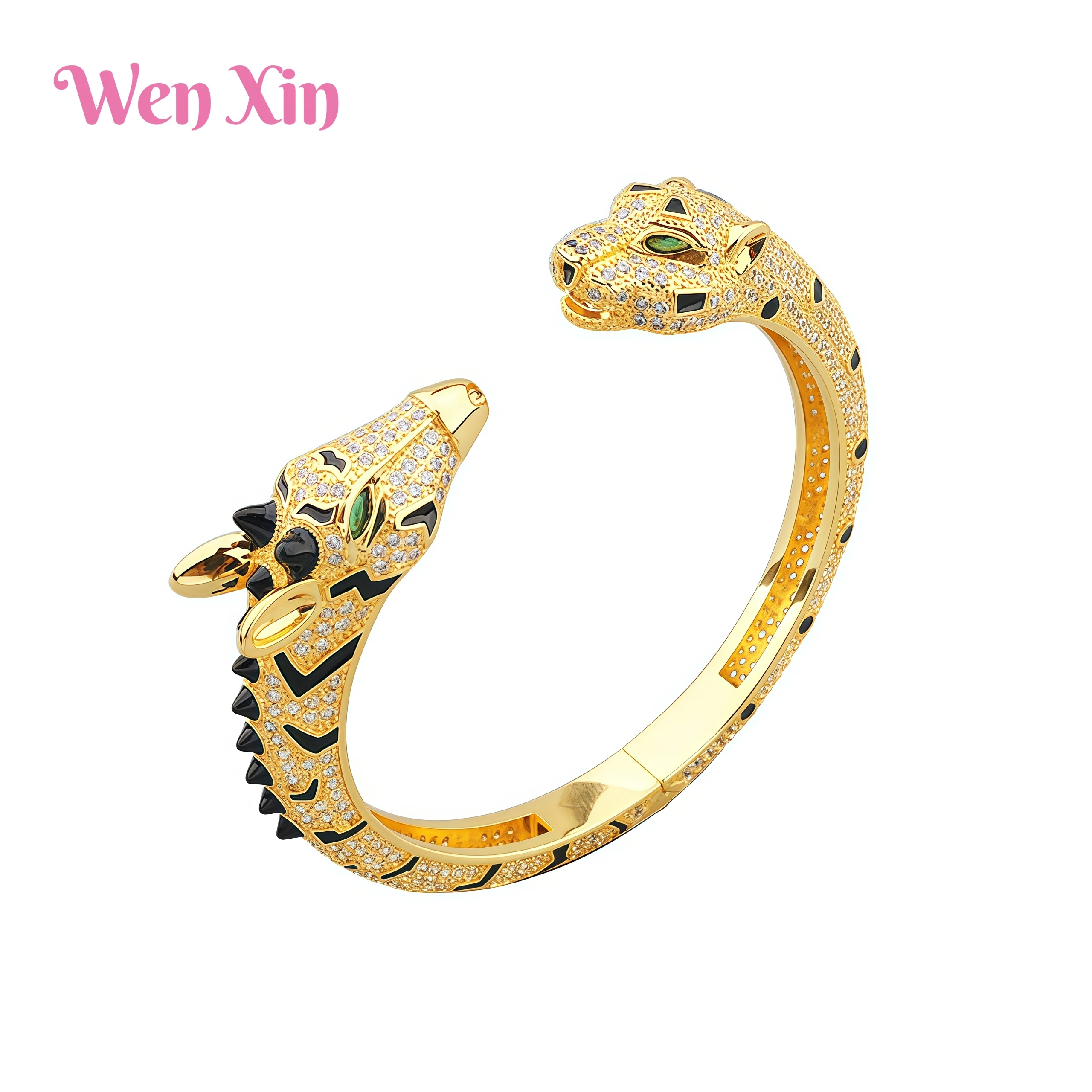 

WENXIN Brand MUSHAN MCT Zircon Spotted Leopard Gold Animal Bracelet Giraffe Cheetah Double Headed Open Ring Jewelry Accessories