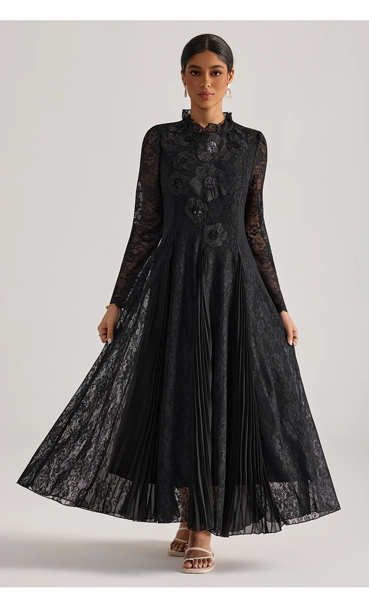 

3D-платье макси с цветочным узором, длинными рукавами, из шифона и кружева, для женщин, лето-осень, с пайетками и бисером, роскошное вечернее платье для торжественных мероприятий и вечеринок