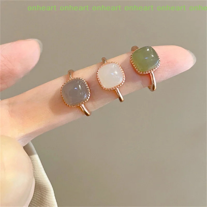 [C]Vintage Artificial Jade Square Ring Autumn Winter Chinese Style Crystal Geometric Finger Ring For Women Fashion Jewelry