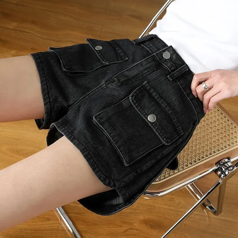 سراويل جينز نسائية عالية الخصر ، سراويل قصيرة فضفاضة كورية ، جيب ملابس عمل للتنحيف ، ساق واسعة ، موضة صيفية ، مثيرة