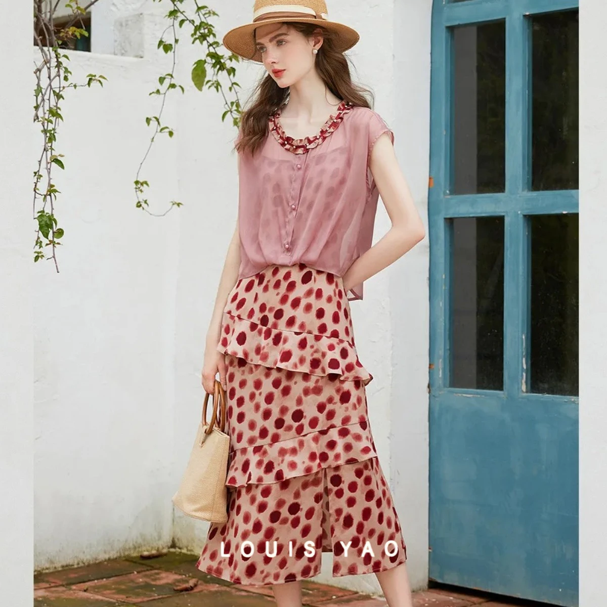 

Elegant Ruffled Women's Set 2025 Summer New Pink Blouse and A Ruffled Paneled Hem Polka-dot Camisole Two-piece Dress Sets