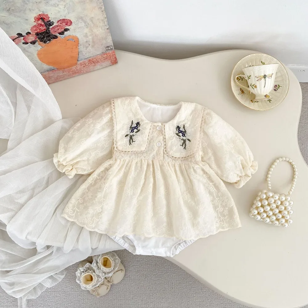 Princess Baby Girl Romper 0-2Years Cute Newborn Long Sleeve Embroidery‌ Lace Dress Bodysuit Autumn Outfit Birthday Party Clothes