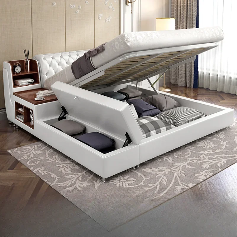 European Pretty Modern Double Bed Frame White Elegant Light Luxury Leather Bed Princess Villa Cama De Casal Bedroom Furniture