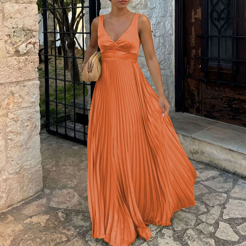 

Модное женское летнее платье с V-образным вырезом, плиссированное, без рукавов, на бретельках, с открытой спиной и вырезами, однотонное, для вечеринок и повседневной носки