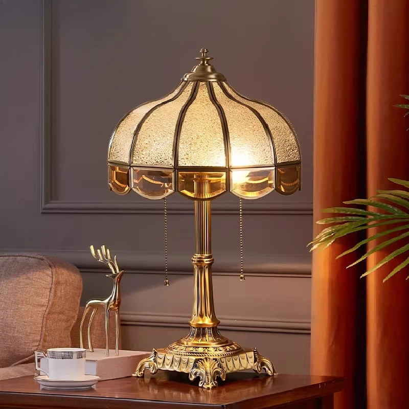 

American All-copper Table Lamp Retro Glass Lampshade Bedroom Bedside Living Room Study Hotel European Style High-end Desk Lights