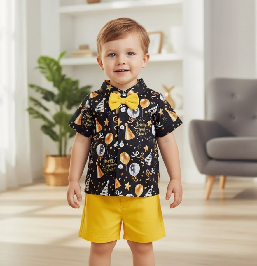 0-4Y Toddler Boy New Year Outfit Balloon Star Print Short Sleeve Bowtie Shirt Solid Shorts 2 Piece Gentleman Set