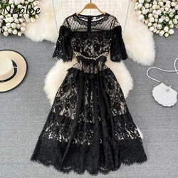 Neploe Moda Temperament O Neck Half Sleeve Lace Dress Hollow Out Crochet Slim Waist Robe Patchwork Big Swing French Style Mujer