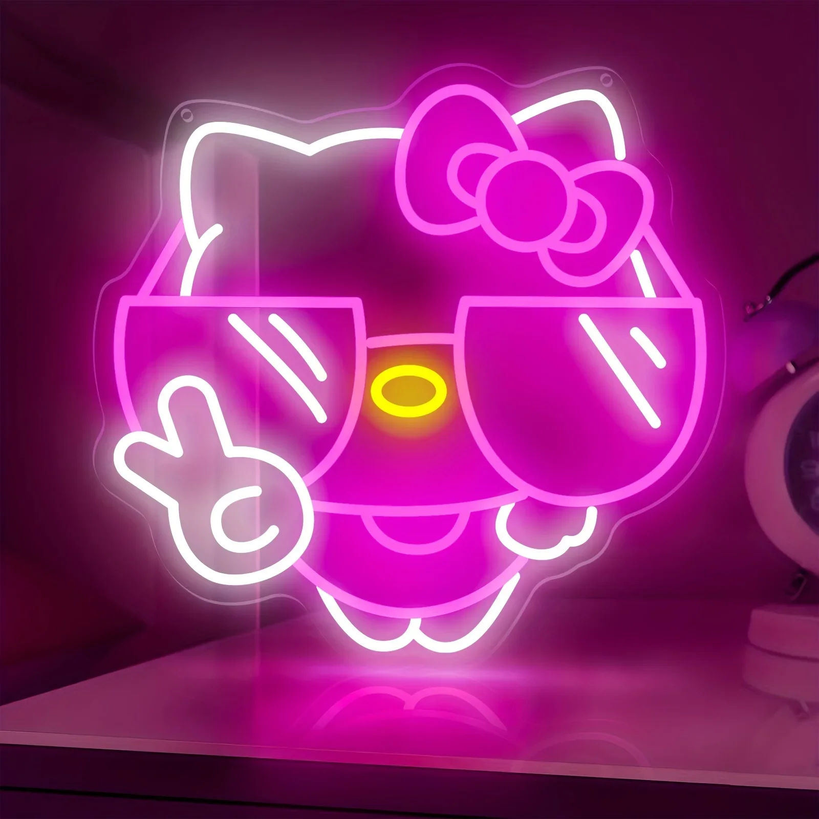 

Стильная неоновая LED-лампа Hello Kitty с розовыми солнцезащитными очками, USB-питание, регулируемая яркость, для комнаты девочки, спальни, вечеринки, домашнего декора