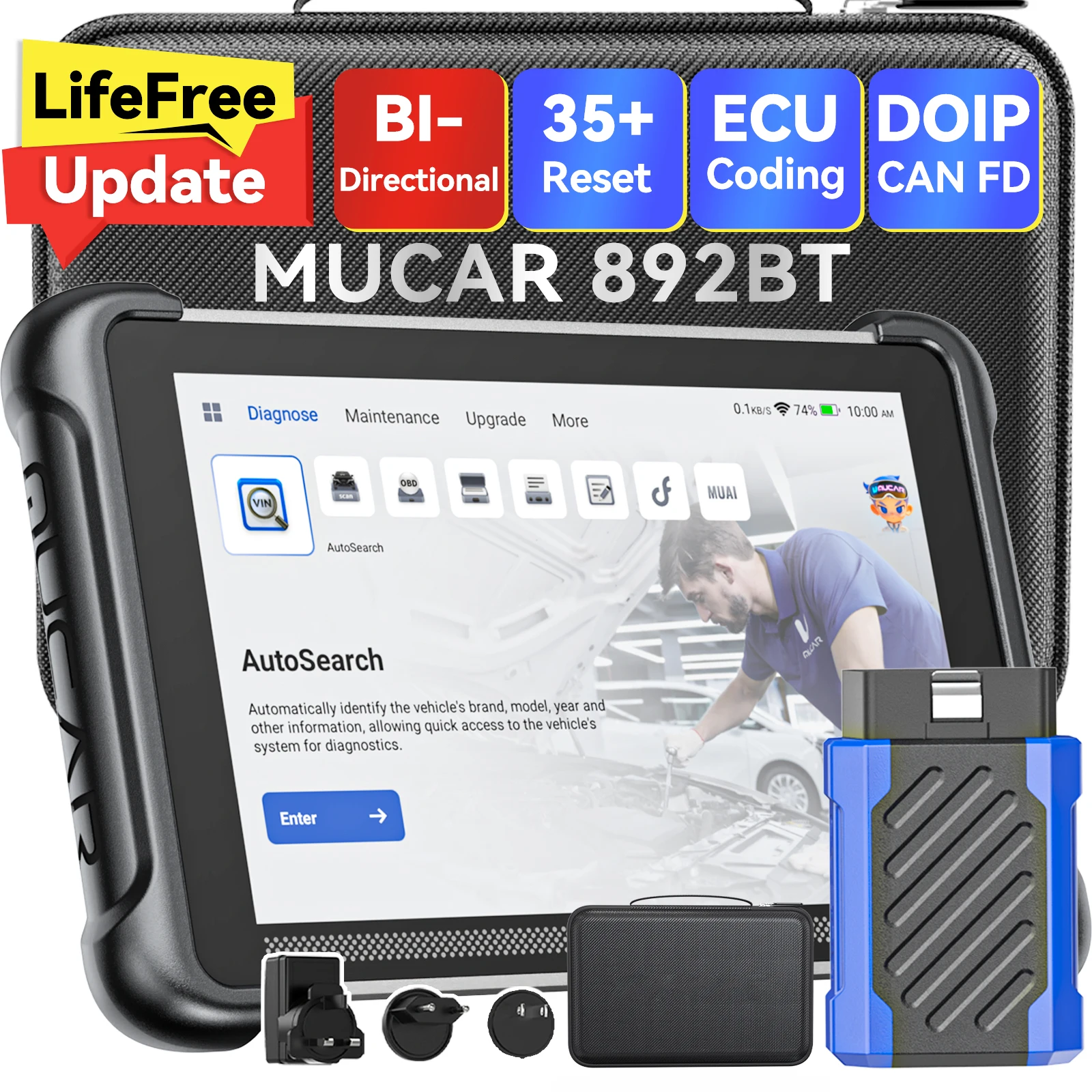 MUCAR 892BT OBD2-Scanner, AI-Unterstütztes Bidirektionales Diagnosegerät, Vollsystem-Diagnose, ECU-Codierung, 35 Dienste, Lebenslange Kostenlose Updates