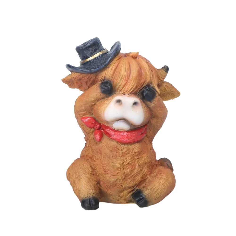 Adorno de vaca de dibujos animados de resina hecho a mano, decoración realista de vaca de las tierras altas, estatua coleccionable, figura de acción de Animal, juguetes para niños