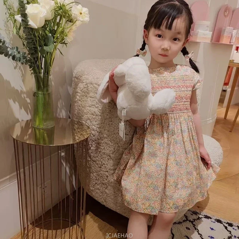 2026New Floral Smocked Daily Wear Vacation Outfits Children Casual Dresses Kids Girls Dress Cotton Matching Summer Clothes