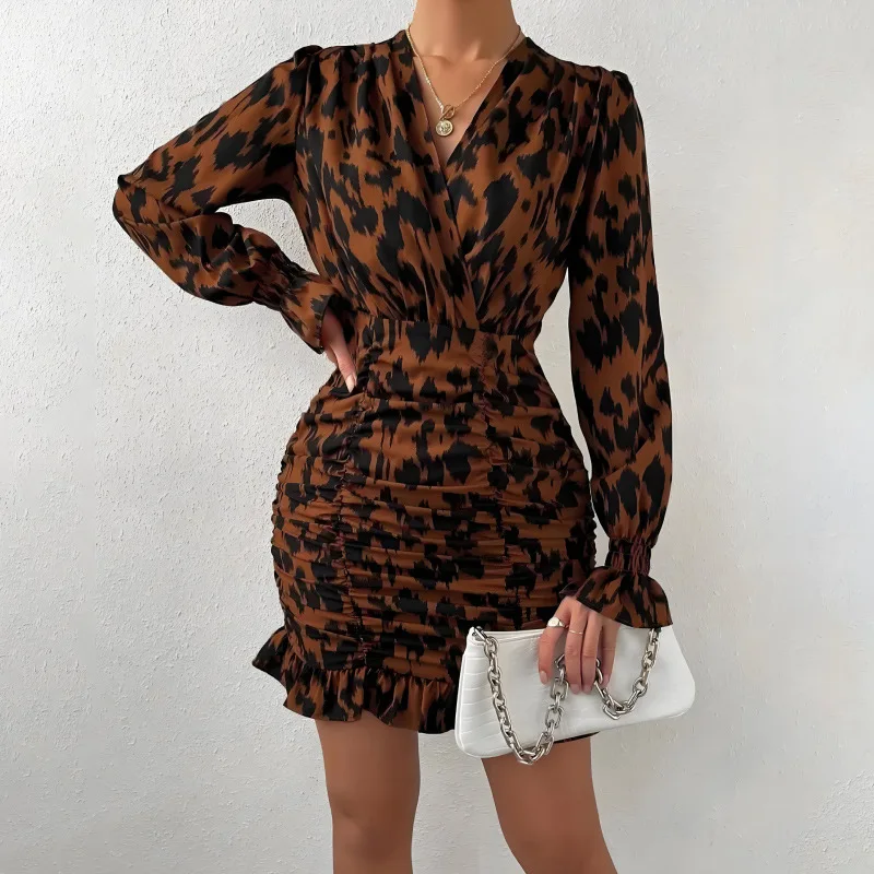

Women's Coffee Leopard Print V Neck Long Sleeve Wrap Front Ruched Ruffle Hem Bodycon Elegant Casual Daily Fashion Mini Dress