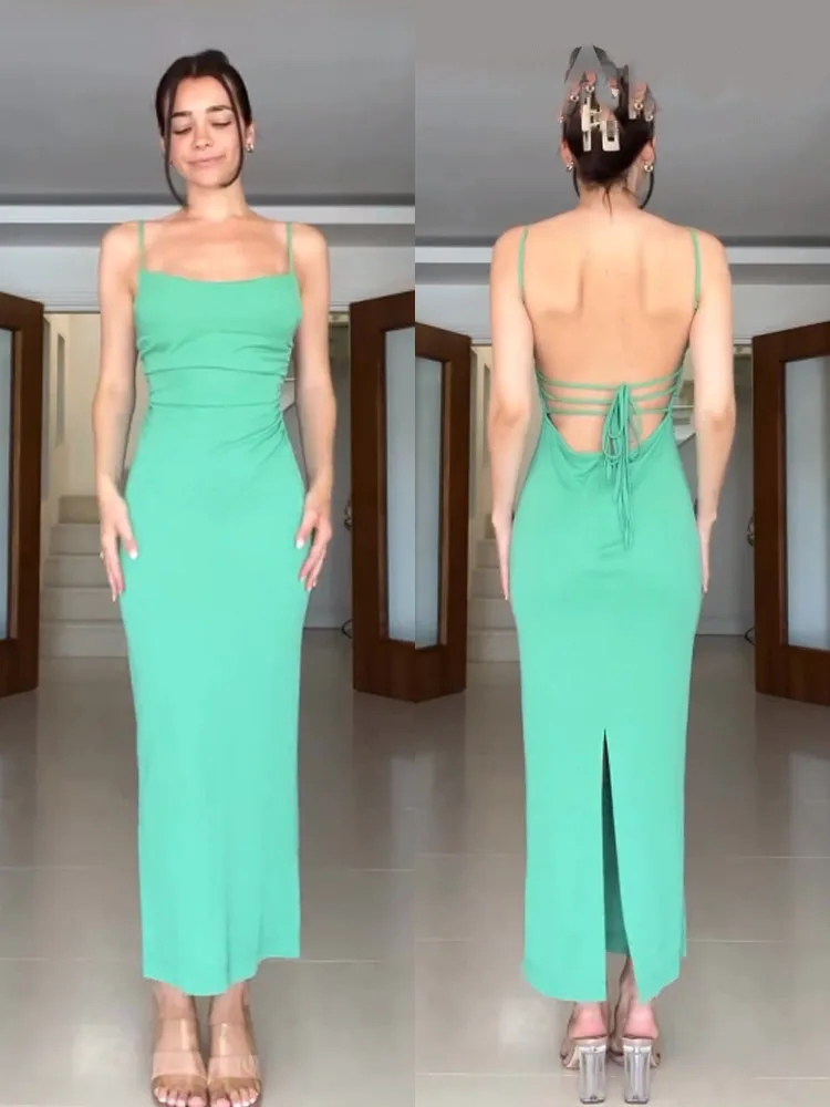 HH レディース新ファッションホリデーバックレスプリーツドレス女性シックエレガントビーチスタイル 4 色足首丈キャミドレス Mujer