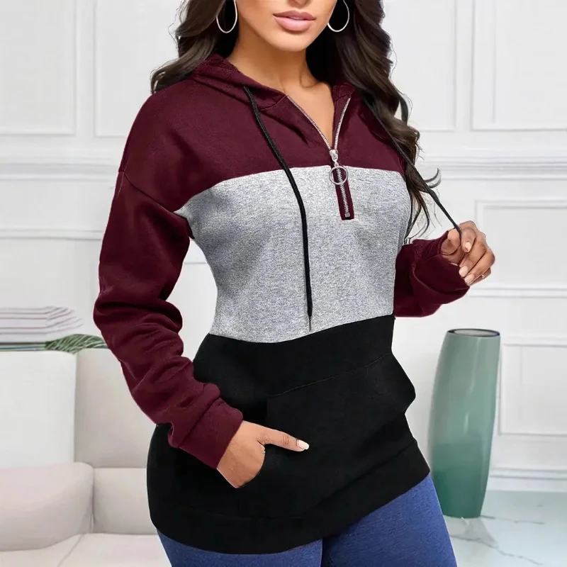 Women's European and American Style Winter New Style Versatile Casual Loose Color Block Drawstring Zip Hooded Sweatshirt