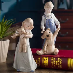 Boy/girl Exquisite Porcelain Statue Character Ceramic Bear Doll Figure Sculpture Desk Decoration Gold Plated Crafts Ornaments