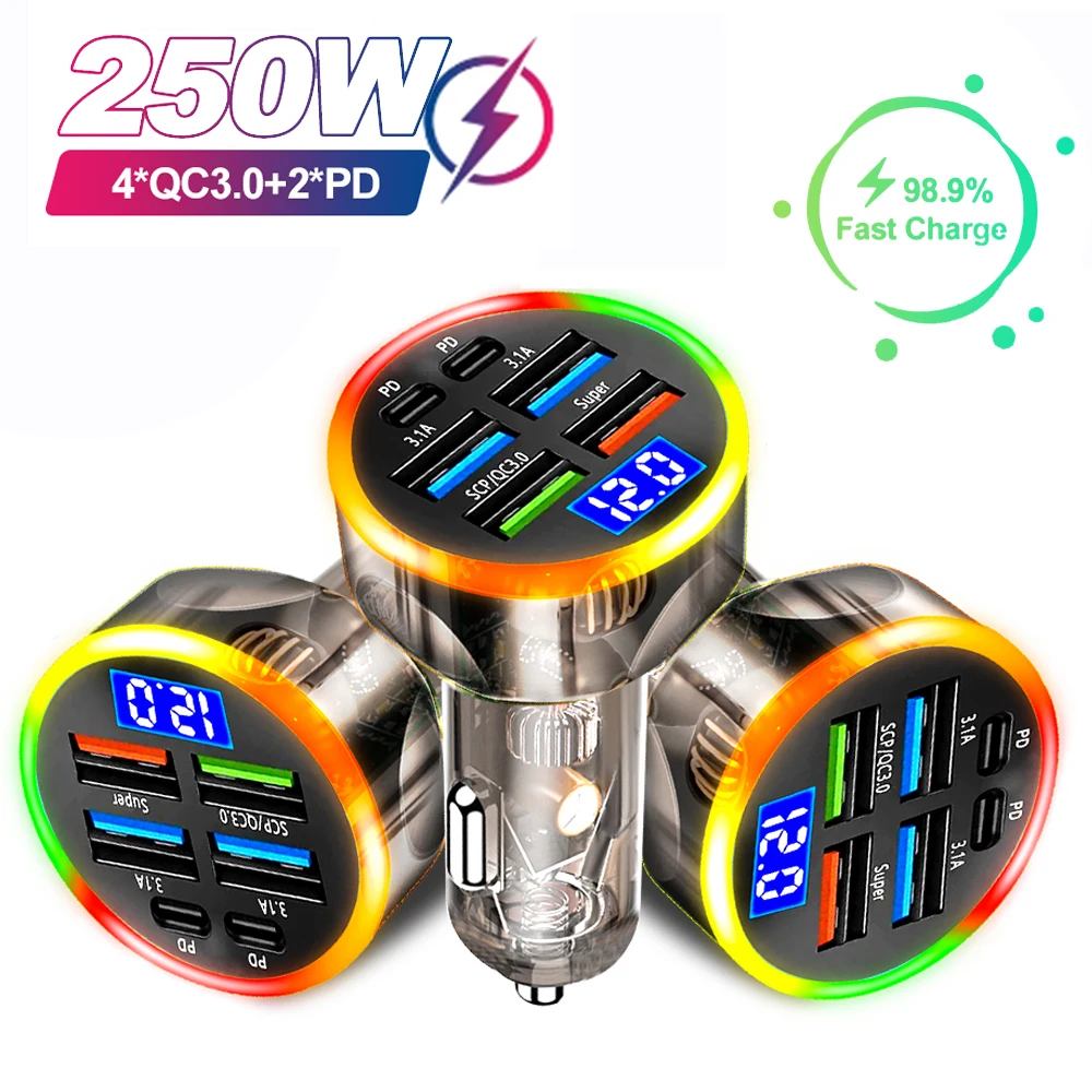 Autoladegerät 250 W Schnelllade-Zigarettenanzünder-Adapter 6-Port USB A+USB C Schnelllade-Telefonladegerät für iPhone Xiaomi Samsung