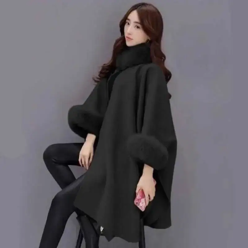 Elegant Autumn/Winter Large Rabbit Fur Collar Woolen Overcoat Medium-Length Mantle Jacket For Women
