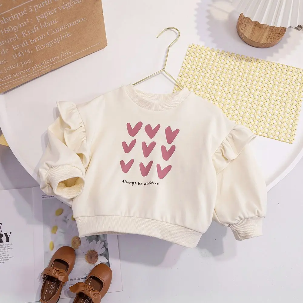 Cute Baby Girls Tops Sweatshirt Love Pattern Ruffles Long Sleeve O-Neck Pullover Kids Shirts Casual Loose Hoody Children Clothes