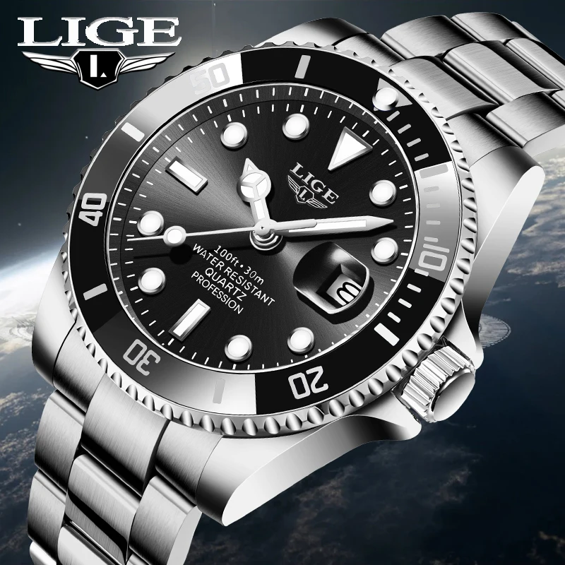 

Мужские часы LIGE класса люкс, водонепроницаемые, деловые, модные, с подсветкой, календарем, из нержавеющей стали, кварцевые, Reloj Hombre