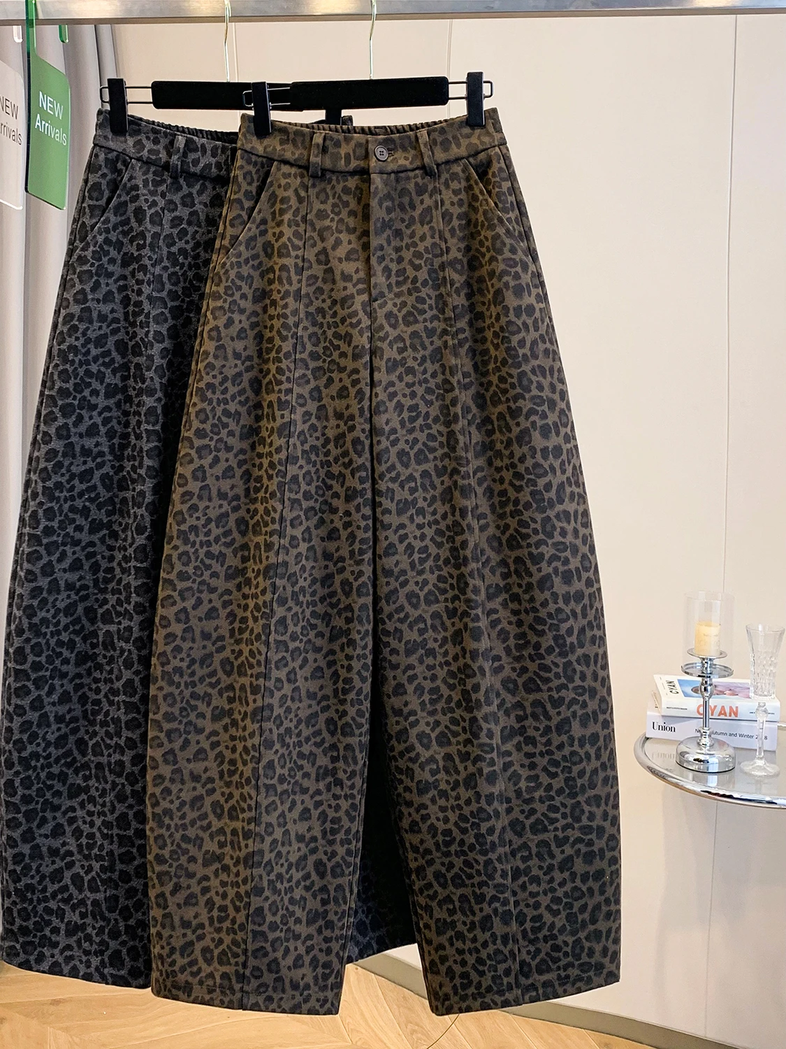 

Ретро-брюки с леопардовым принтом из шерсти, широкие, с высокой талией, утягивающие, повседневные, длинные, для полных женщин, осень-зима, новинка