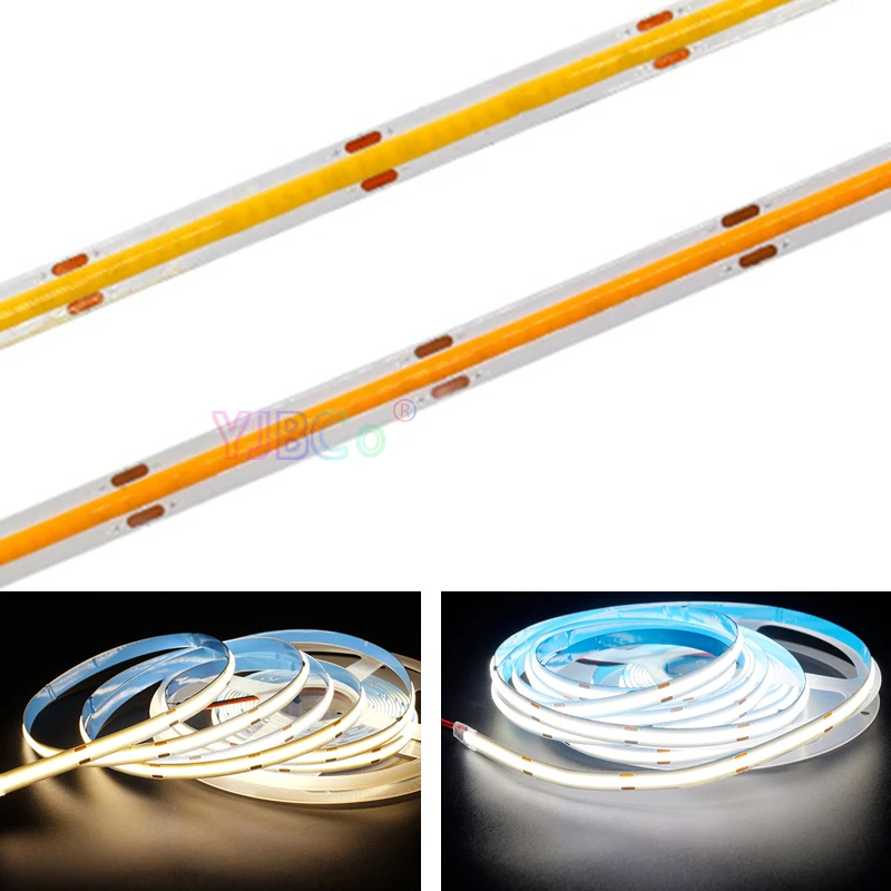 Alta Densidade Flexível COB Fita LED Strip, FOB Bar Luzes, Branco Quente Branco Linear Regulável, DC12V 24V, 384 528 LEDs por m, 5m