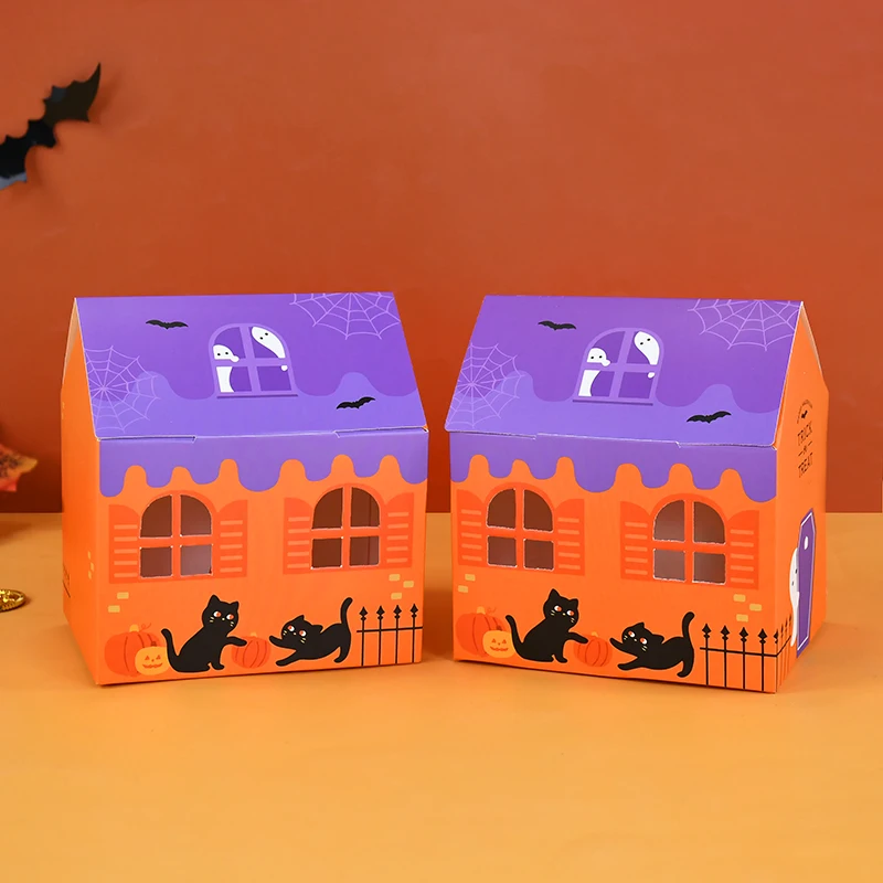 5pcs Halloween Candy Box Colorful House Cat Bat Biscuit Gift Cookie Boxes Trick or Treat Halloween Party Candy Packaging Supplie