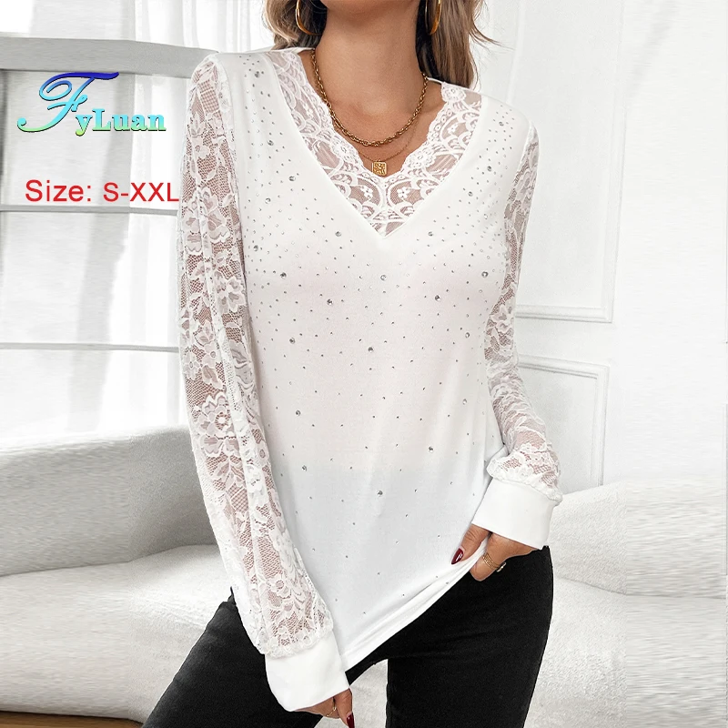 2025 New Temperament Women's T-Shirt V Neck Solid Color Splicing Lace Hot Rhinestones Pullover Fashion Lantern Sleeve Loose Top