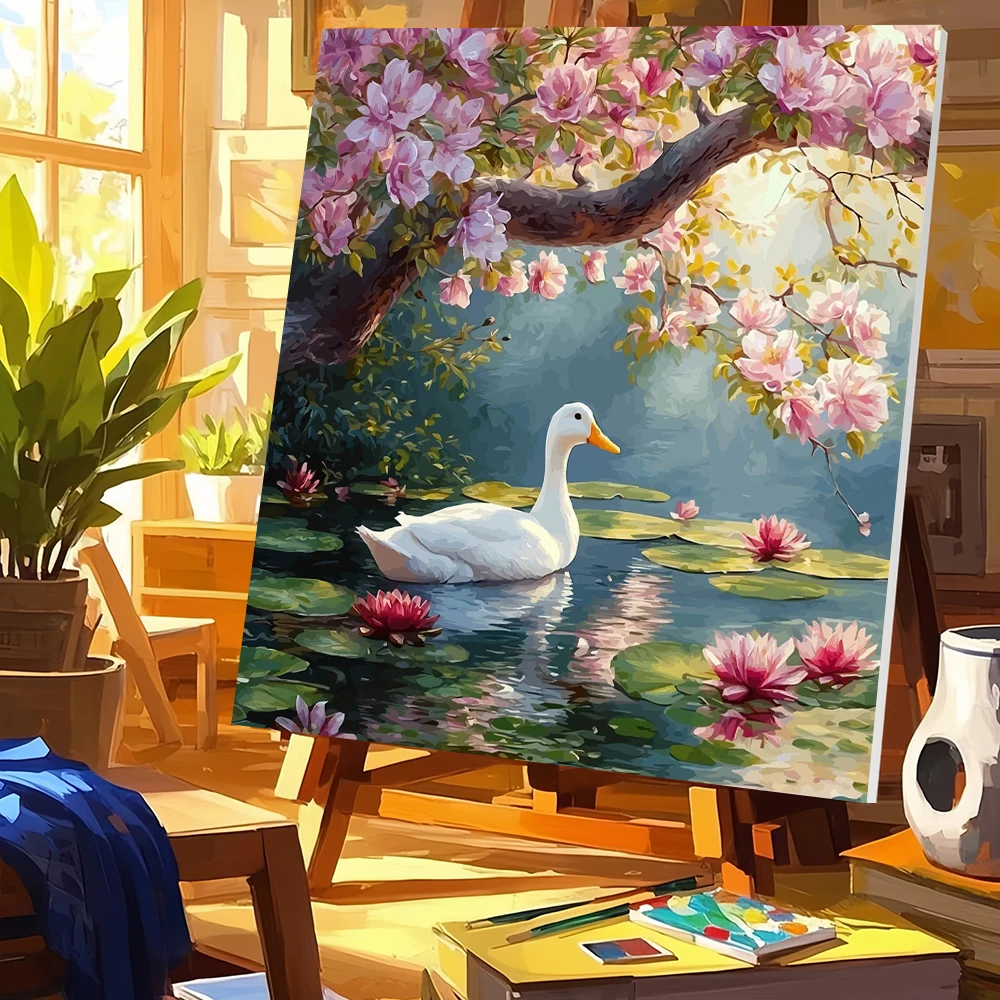 Huacan DIY Digitales Ölgemälde Schwan Tierbild Kunsthandwerk auf Leinwand Malen nach Zahlen Erwachsenen-Set Baum See Heimdekoration