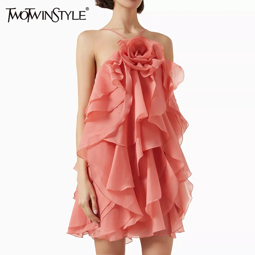 

TWOTWINSTYLE однотонные утягивающие мини-платья с 3D цветком для женщин, лоскутное сетчатое платье без рукавов с лямкой на шее, женская одежда