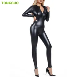 Leather Bodysuit Seamless Shapers Women's Metallic Zip Front Mock Neck Catsuit Costume Ladies Elastic Jumpsuit Costume Shapewear
