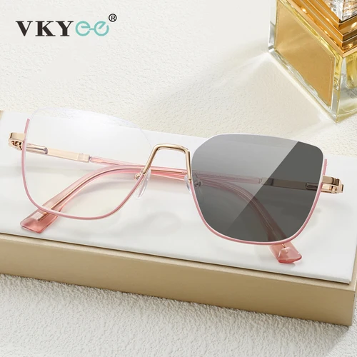 Imagen 2 del producto VKYEE, nuevas gafas de medio marco de ojo de gato con montura fina de Metal, gafas de protección contra luz azul Retro para mujer, se pueden personalizar con prescripción 24017