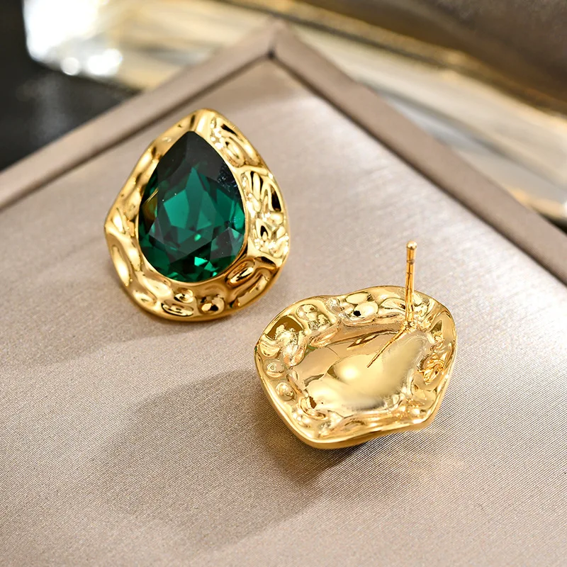 Pendientes Vintage de cristales austriacos verdes para mujeres y niñas, joyería de fiesta con Piercing de gota de agua de Color dorado