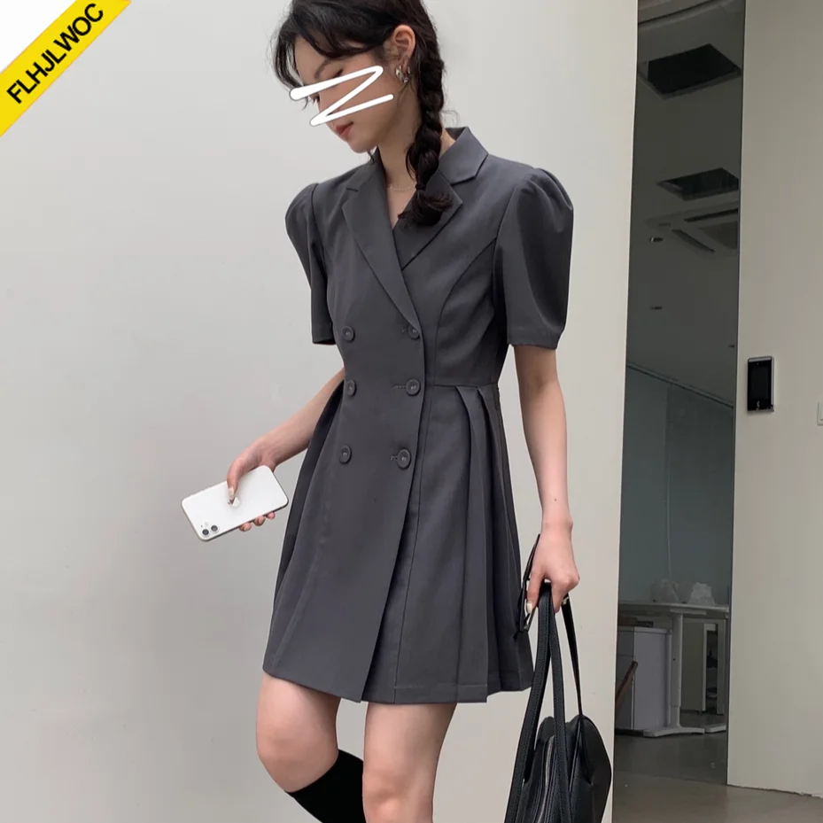 Hot New Design Korean Style High Street Womens Fashion Cute Elegant Office Lady Double Breasted Button Notched Mini Blazer Dress