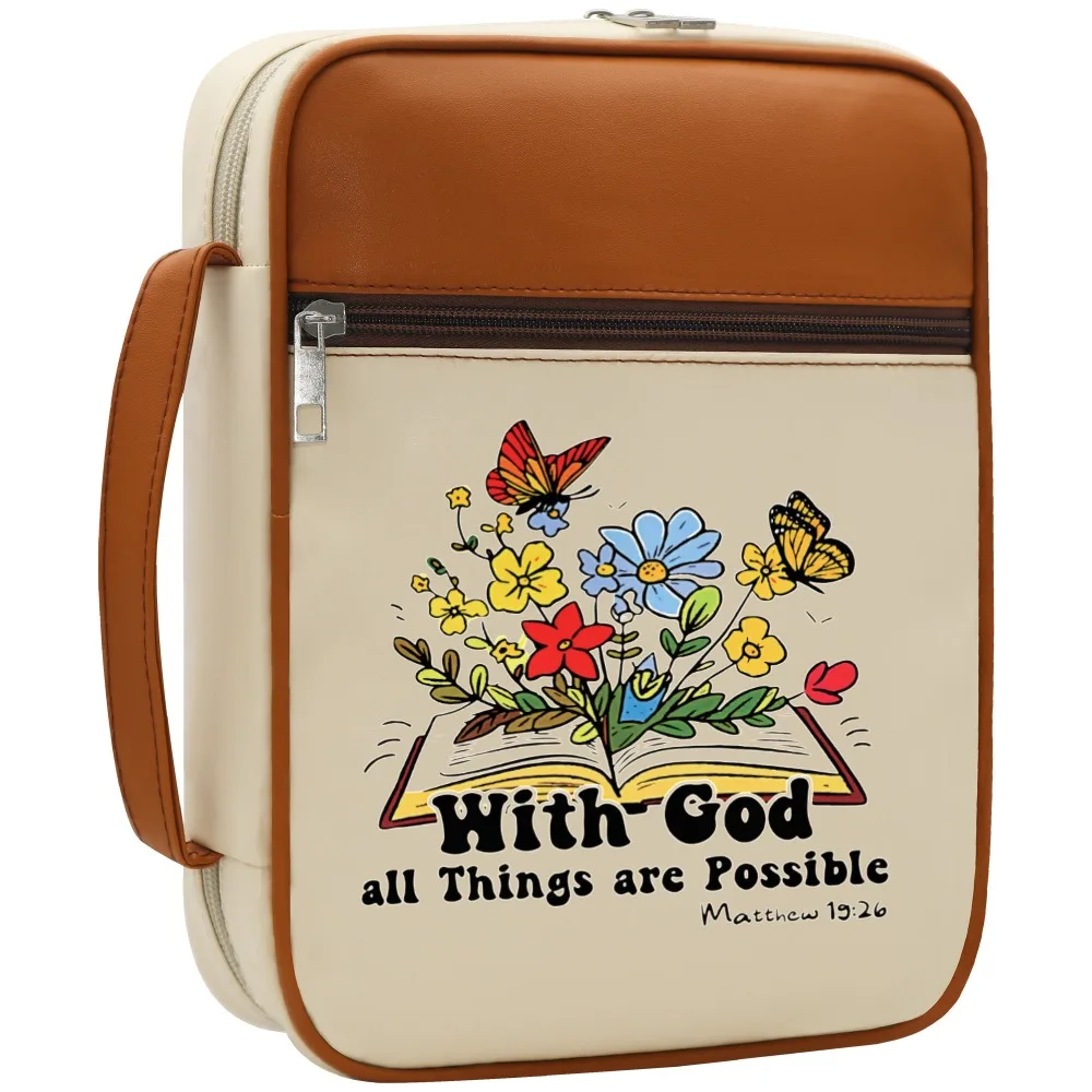 

Christian Bible Cover with Handle, with God All Things Are Possible Floral Book Print Zipper Bible Case