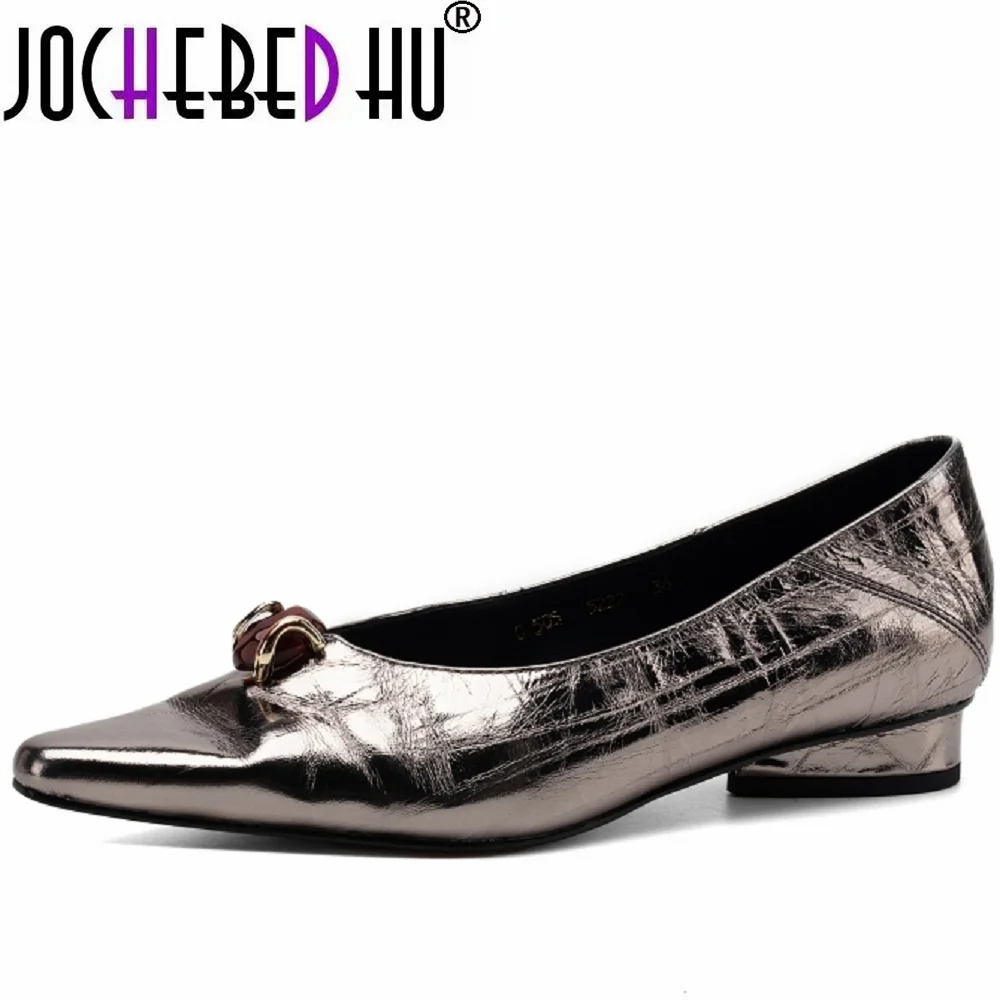 【JOCHEBED HU】Women's Handmade Genuine Leather pointed toe metal buckle slip-on quality soft elegant ladies Low heel shoes 34-40
