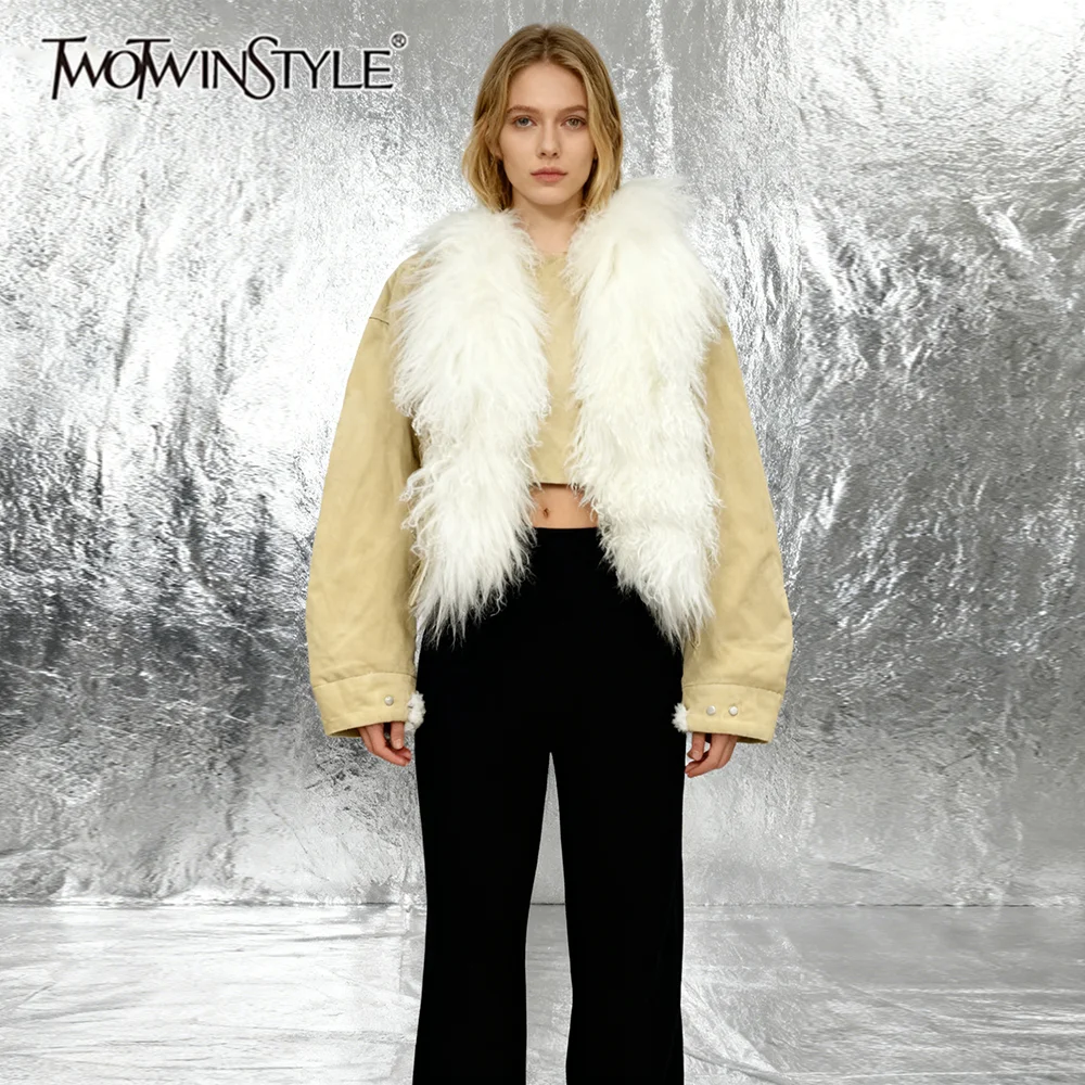

TWOTWINSTYLE Solid Loose Spliced Fur Collar Fashion Jackets for Women V Neck Long Sleeves Casual Jacket Female Autumn Clothing