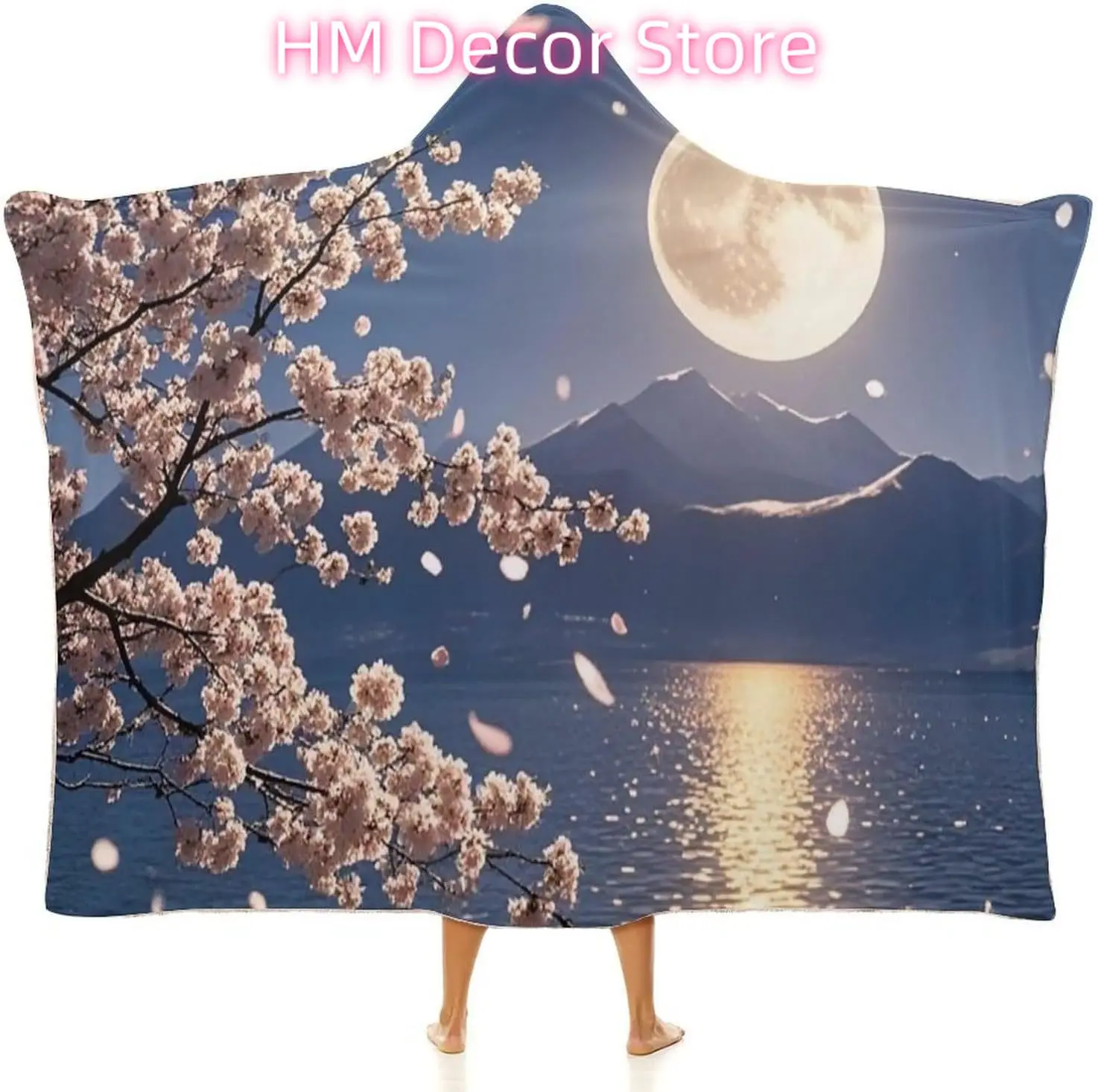 Bright Moon Hangs High Wearable Hooded Blanket, Ultra Soft Arctic Velvet Cape Cloak Unisex - Cozy Wearable Blanket