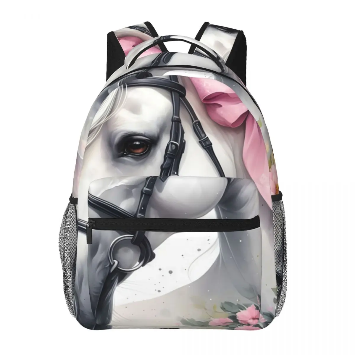 Aesthetic Student Backpack Clustered Horse Pink Bow Butterfly Flowers Soft Botanical White Pink Gre Sweet Bookbag for Girls Cute