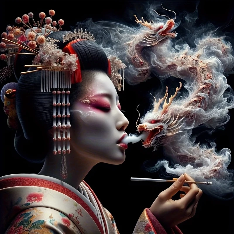 

Geisha Smoking Dragon 500PCS/1024 PCS Jigsaw Puzzles Challenging Family Activity Game for Gameroom Bedroom Home Decor Gift