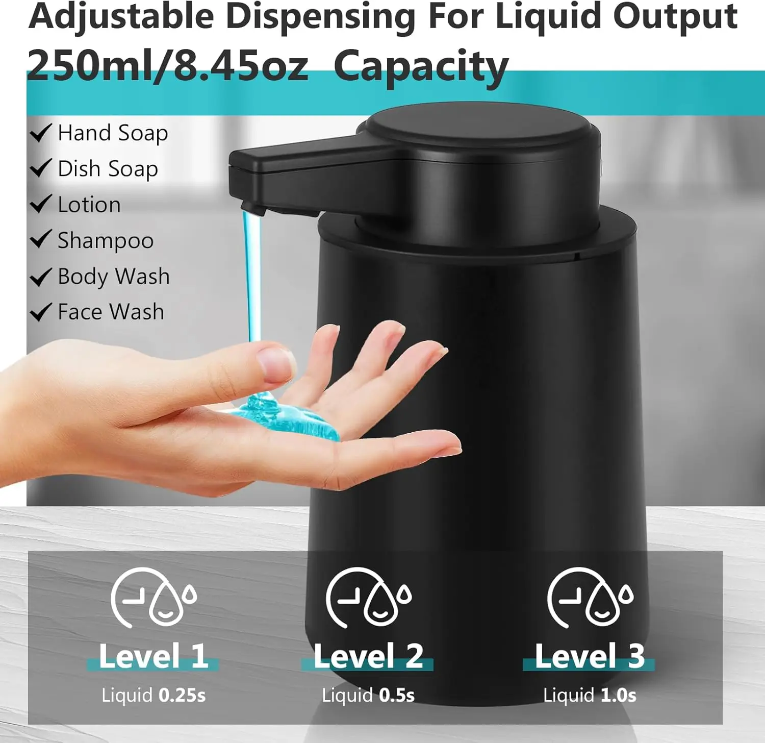 Automatic Soap Dispenser Liquid Touchless: 9oz Plastic Black 3-Level Adjustable Modern Rechargeable Electric Smart Auto Soap Dis