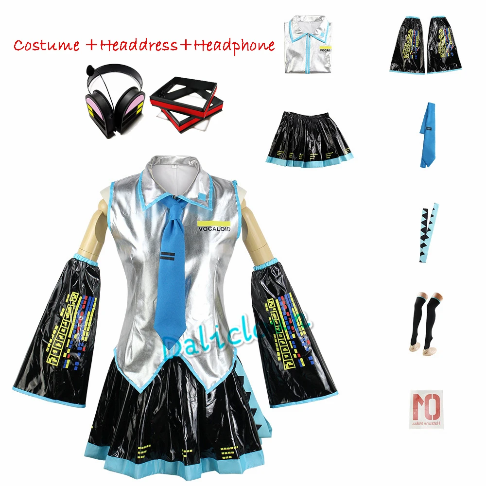 Anime Miku Cosplay Costume Wig Shoes Japan Leather Midi Dress Miku Cosplay Female Halloween Costume Girls JK Uniform Women Men