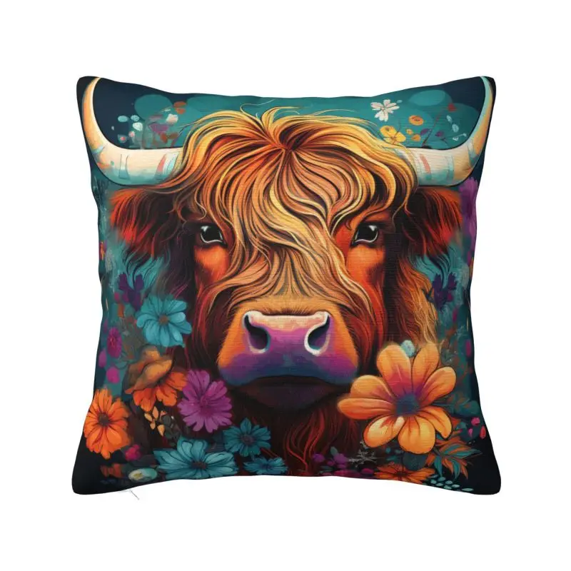 Highland Cow And Flower Cushion Cover 40x40 cm Polyester Velvet Throw Pillow Case For Sofa Chair Decoration Bedding Pillowslip
