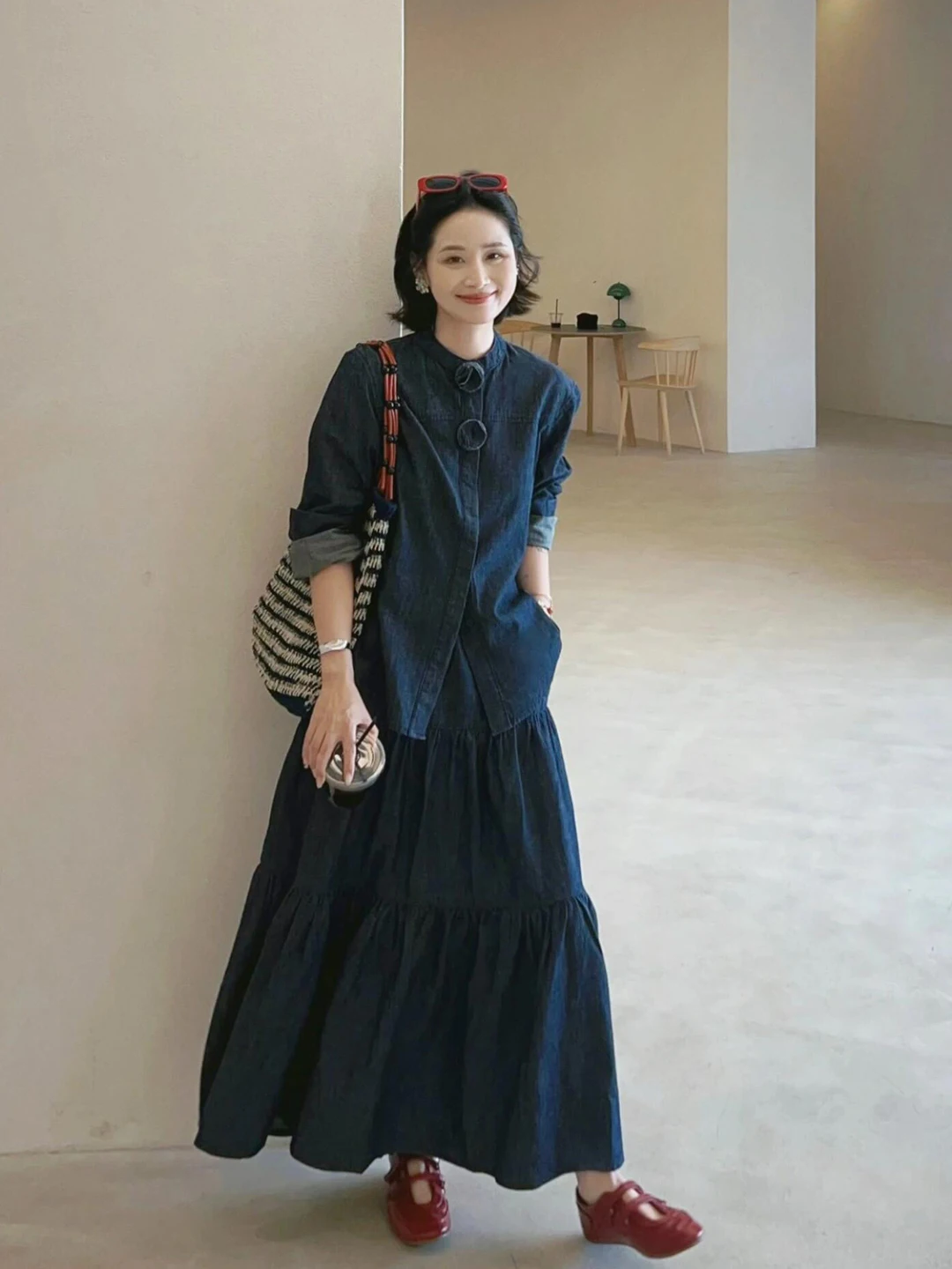 

Корейский Sle Long Sve Denim irt Юбка с высокой талией Комплект из двух предметов Женский ранний осенний новый модный элитный одинаковый костюм