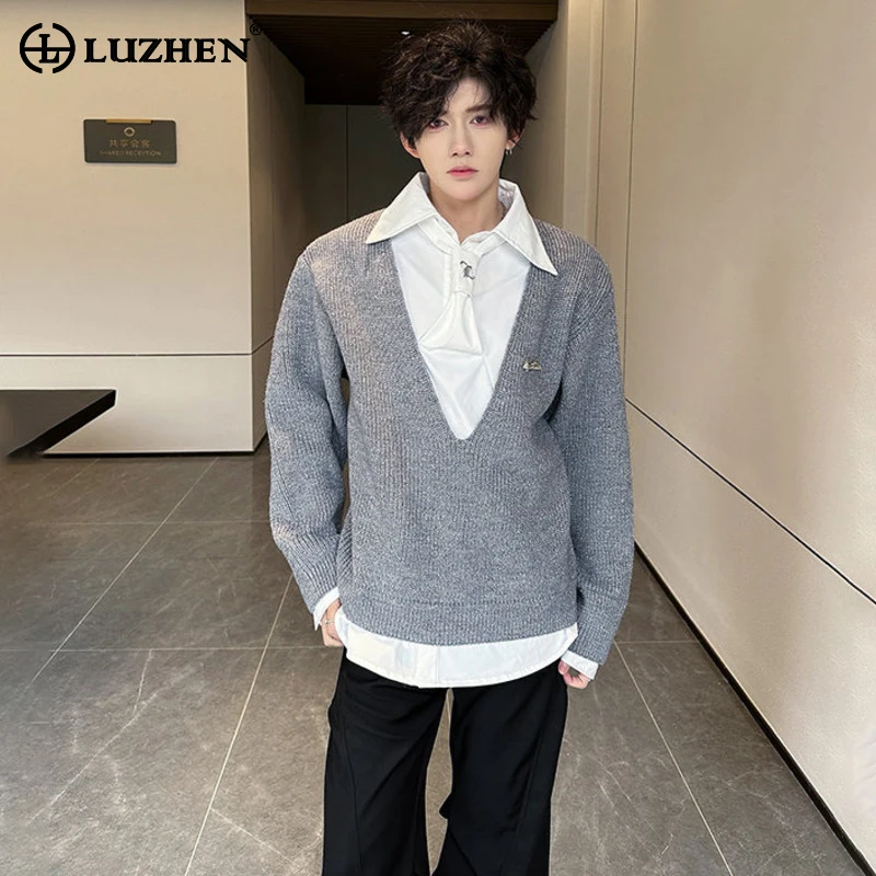 

LUZHEN 2025 Новая мода Поддельный дизайн из двух предметов Элегантные рубашки с длинным рукавом и вязаный пуловер Красивый мужской повседневный свитер JY5385