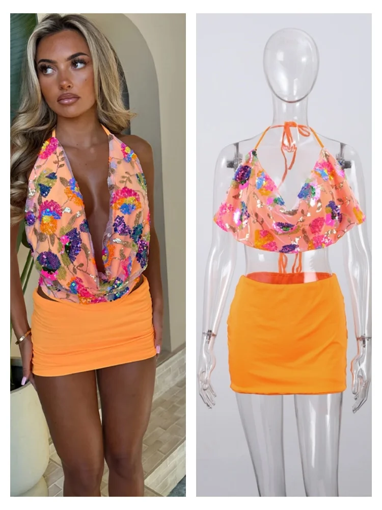 

Клубный топ с блестками, юбка-футляр, женские сексуальные юбки без рукавов с открытой спиной и бедрами, летний модный женский праздничный комплект 2023 г. ﻿