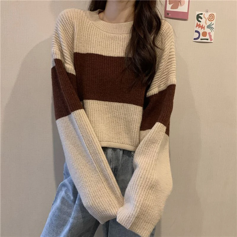 Fall Winter Striped Print Women Long Sleeve O Neck Sweater Korean Fashion Harajuku Vintage Knitted Oversized Pullovers Crop Tops